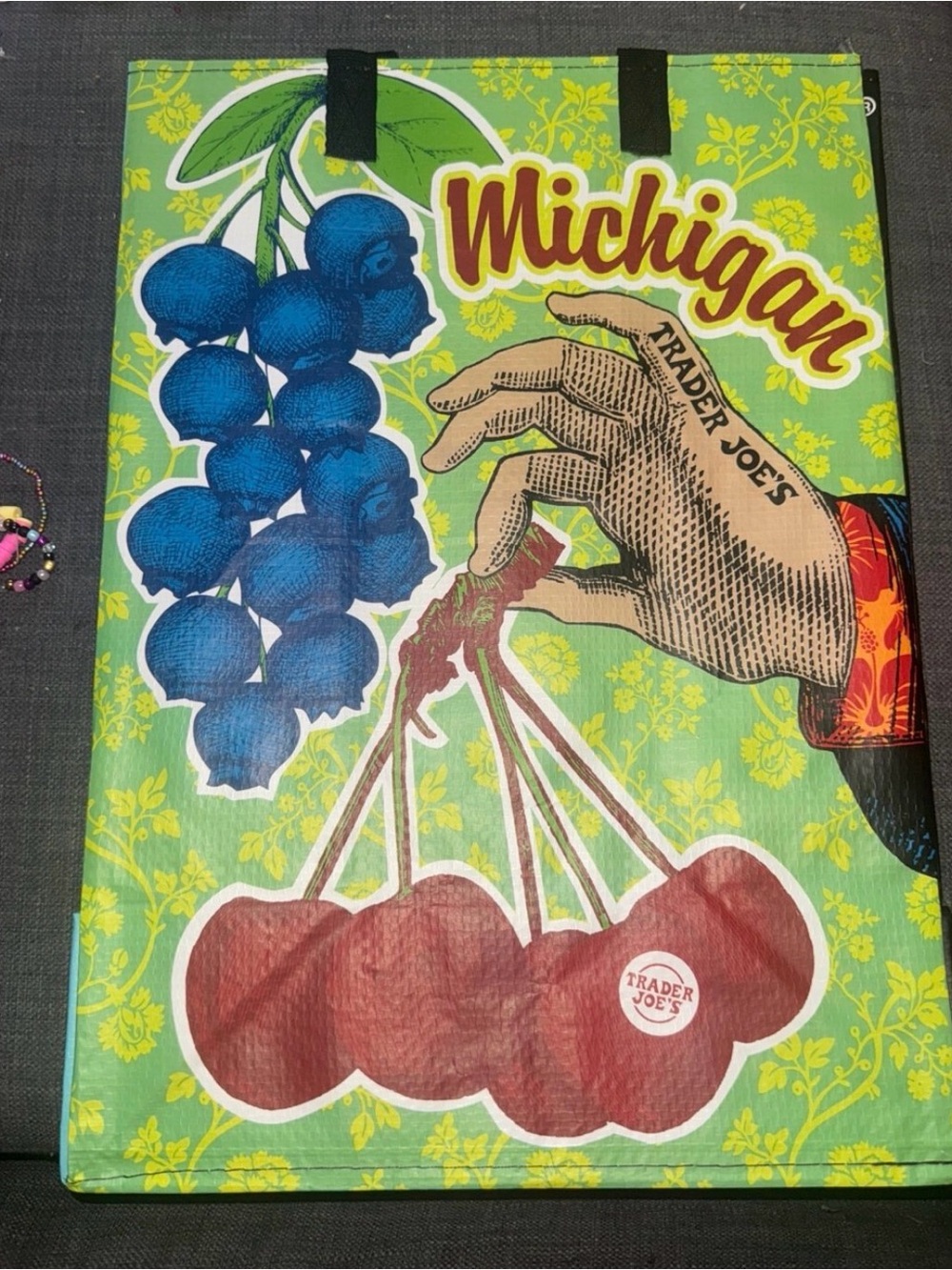 Trader Joe's Michigan Fruit Tote Bag - Green with Blue & Red Graphics